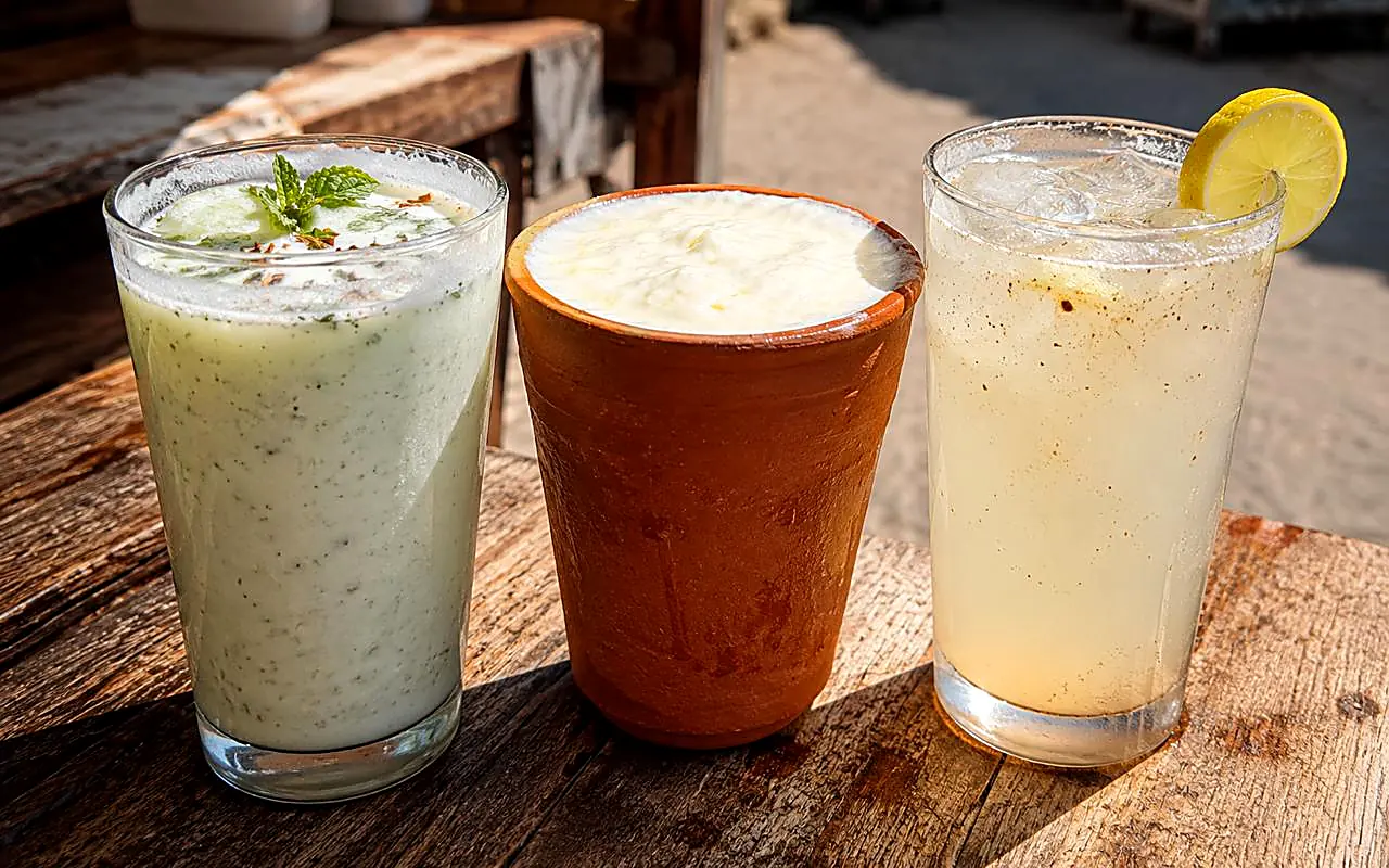 Glasses of chhach, lassi and shikanji side by side on a table