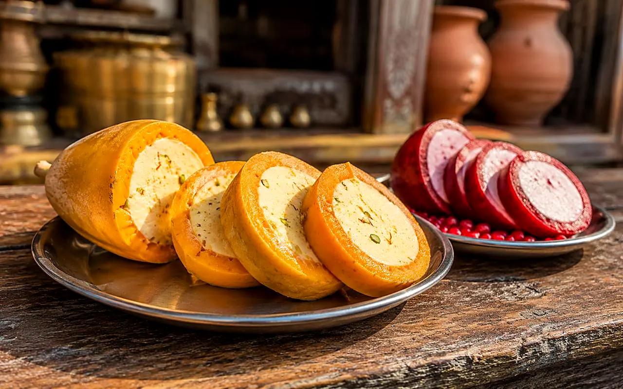 Stuffed fruit kulfi sliced to show the filling