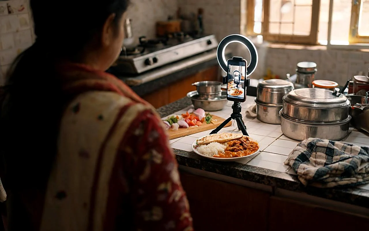 A creator filming a dish on a phone in a home kitchen