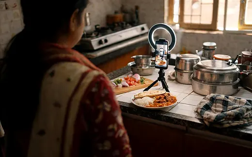 A creator filming a dish on a phone in a home kitchen