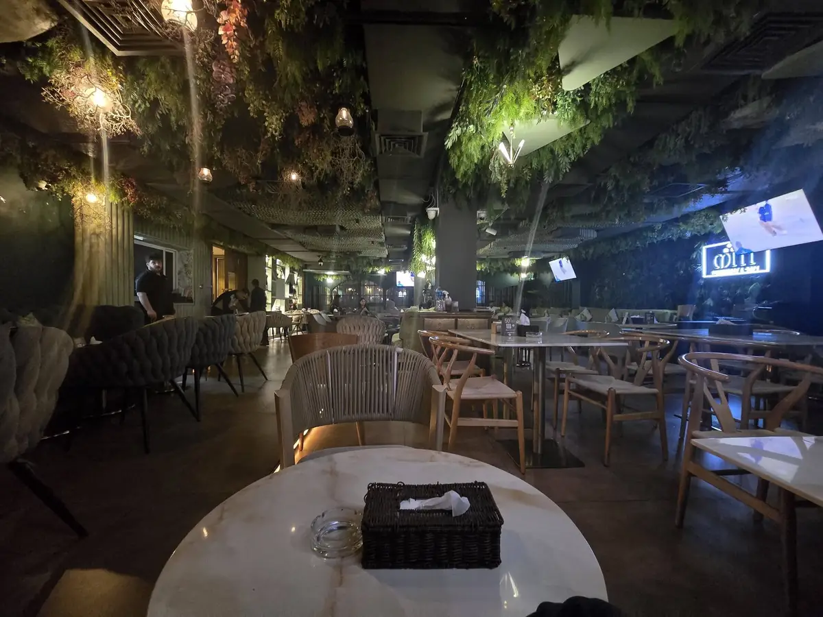 The green foliage ceiling and lounge seating at Miti, Karama, Dubai