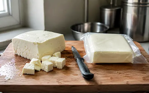 Fresh paneer cubes beside a packaged block