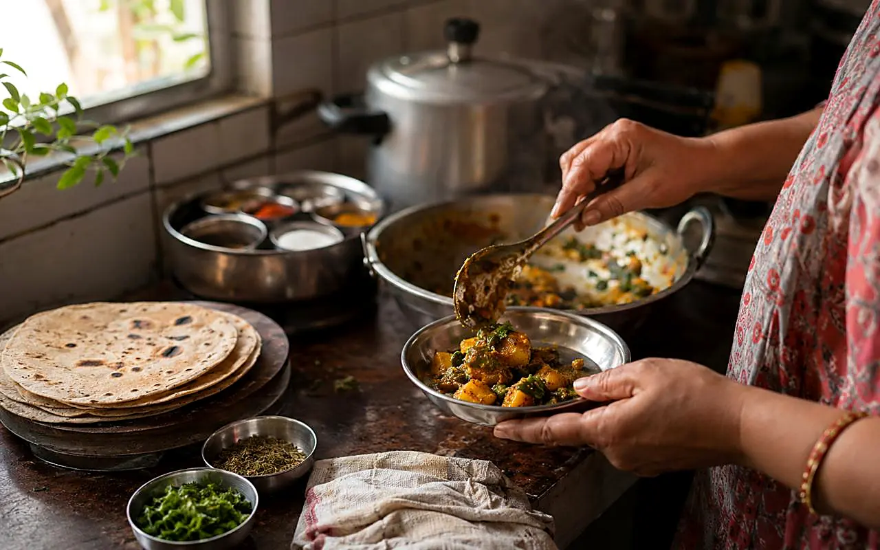 A home cook plating a dish in a domestic kitchen