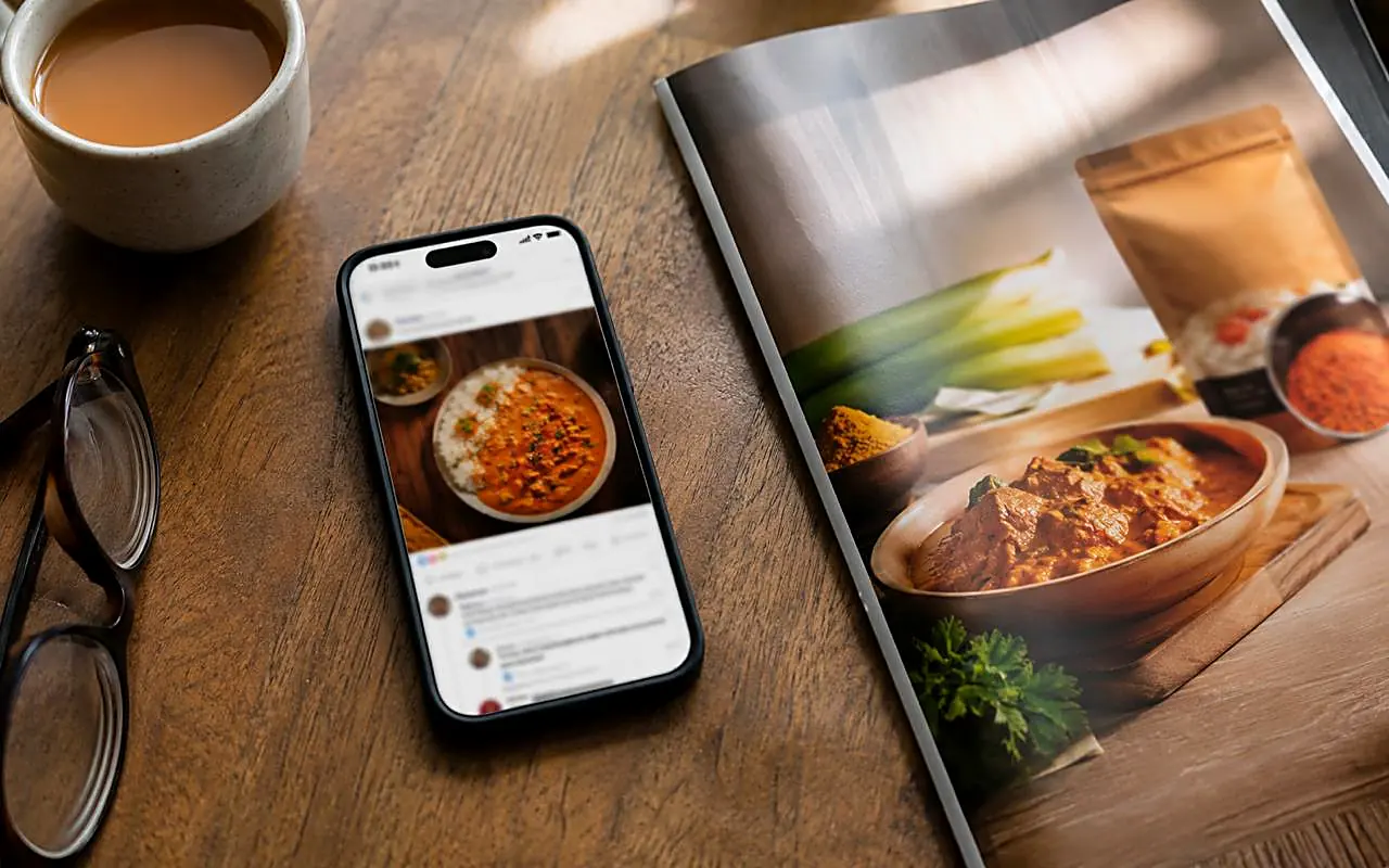 A phone showing a community group post beside a printed advertisement