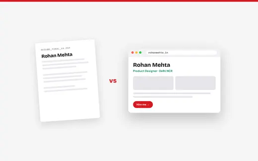 A PDF resume beside a live personal website
