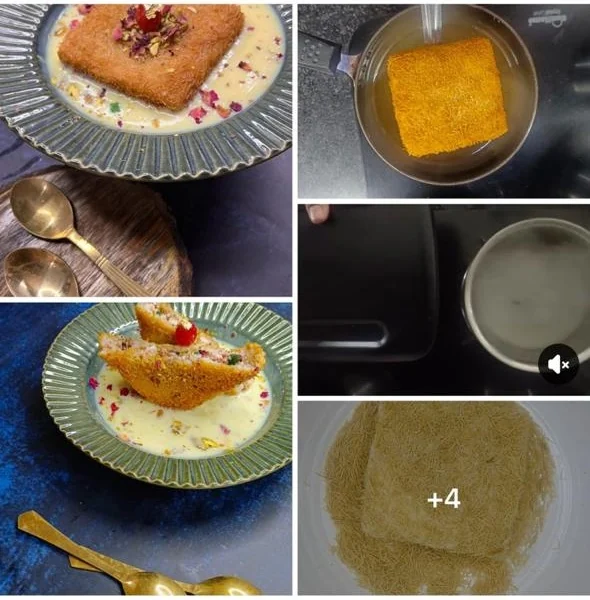 Kunafa served in rabri and topped with rose petals and pistachio, with process shots alongside