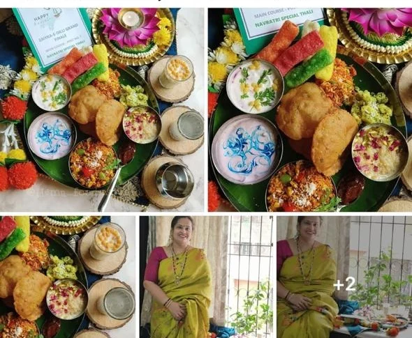 A Navratri special thali laid on a banana leaf with kuttu puris, kheer, chutneys and marigold flowers around the plate