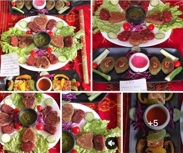 A platter of vegetarian kebabs, heart-shaped patties over lettuce with a bowl of green chutney, on red block-printed cloth